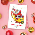 Retro Santa on Rocket Weihnachtskarte außer Foto<br><div class="desc">Diese festliche Nicht-Foto-Urlaubskarte bietet eine Vintage Abbildung des Weihnachtsmannes auf einer Rakete statt auf einem traditionellen Schlitten. Der Gruß auf der Vorderseite der Karte sagt "Frohe Weihnachten", aber ist editierbar und kann auf alles geändert werden, was Sie wollen. Es gibt auch Platz für Ihre Namen und das Jahr. Auf der...</div>