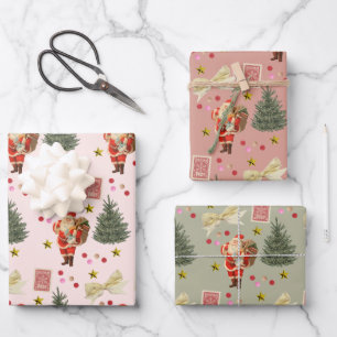 Retro Santa Pink & Sage Weihnachtswrapping Sheets Geschenkpapier Set