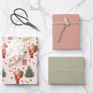 Retro Santa Pink & Sage Weihnachtswrapping Sheets Geschenkpapier Set