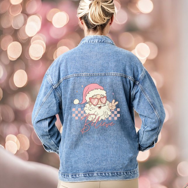 Retro Santa Pink Weihnachten Glauben Denim Jacket Jeansjacke (Retro Santa Pink Christmas Believe Denim Jacket)