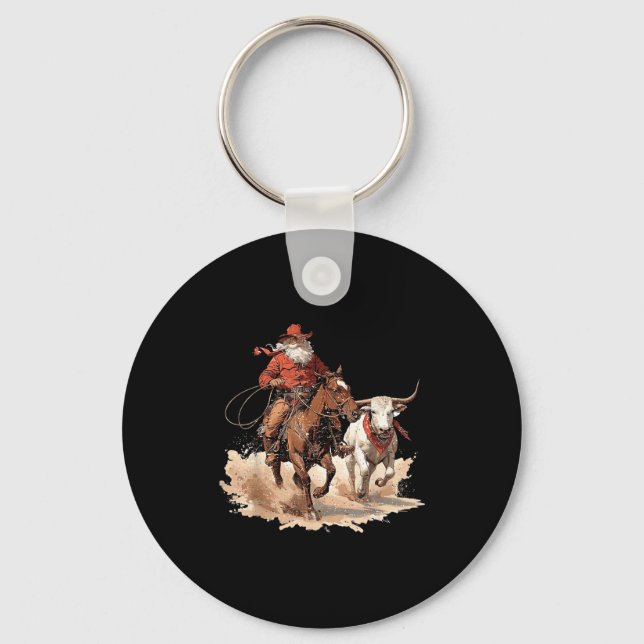 Retro Santa Rodeo Reindeer Cowboy Western Horse Hi Schlüsselanhänger (Vorderseite)