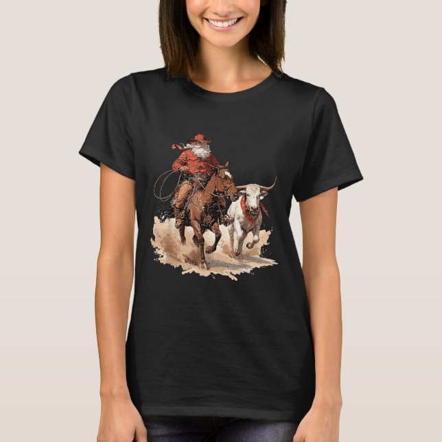 Retro Santa Rodeo Reindeer Cowboy Western Horse Hi T-Shirt (Vorderseite)