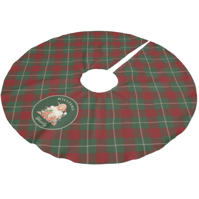 Retro Santa Tartan Karierte Weihnachten mit Namen Polyester Weihnachtsbaumdecke (Schrägansicht)