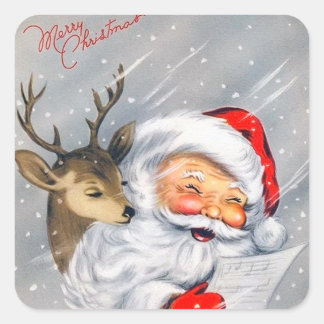 Retro Santa und Reindeer singen Weihnachtslied Quadratischer Aufkleber