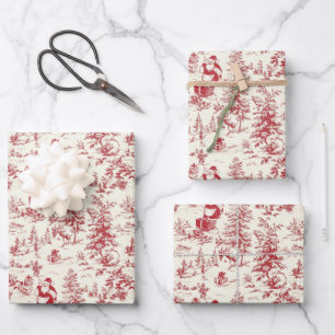Retro Santa Vintag Red Christmas Tree Toile Wrap Geschenkpapier Set