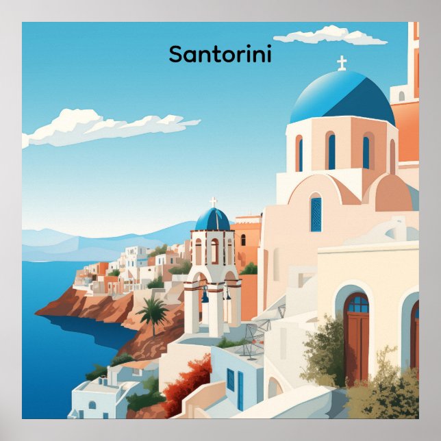 Retro Santorini Greece Mediterranean Blue & White  Poster (Vorne)