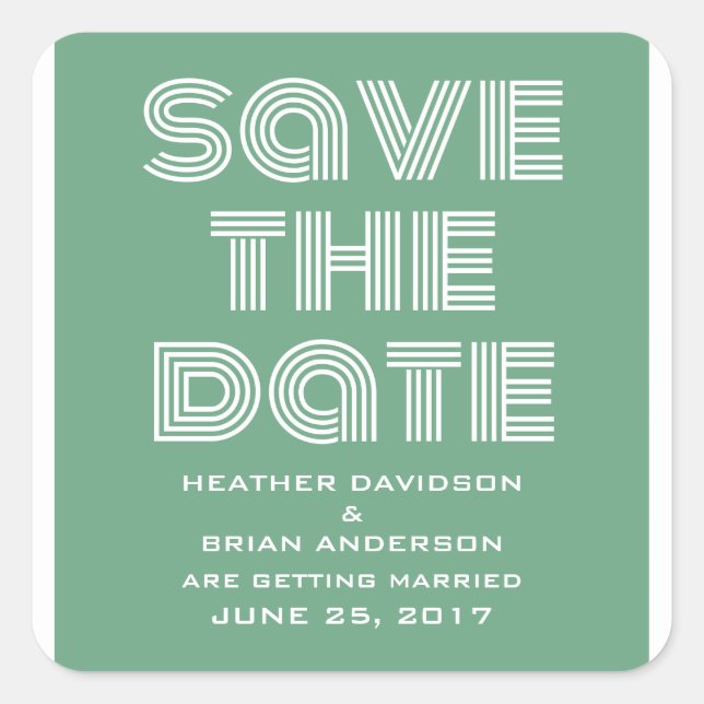 Retro Save the Date Stickers, Green Quadratischer Aufkleber (Vorderseite)