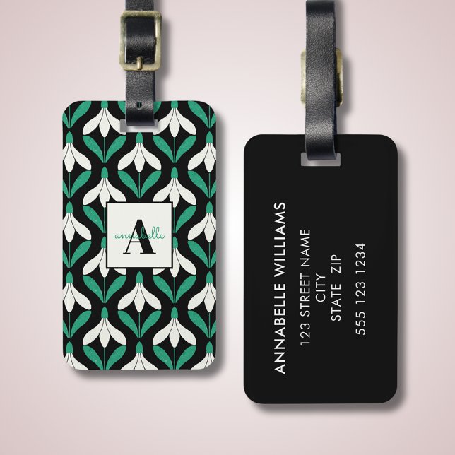 Retro Scandi Mitte Jahrhundert Modernes Schneefall Gepäckanhänger (Modern Snowdrop, Scandi inspired luggage tag with monogram. Mid century modern.)
