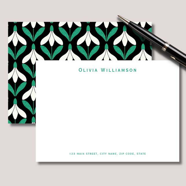 Retro Scandi Mitte Jahrhundert Modernes Schneefall Mitteilungskarte (Modern Snowdrop personalized notecards. Scandi, Mid Century Modern inspired designs.)