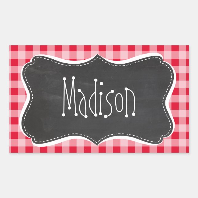 Retro Scarlet Red Gingham; Chalkboard-Look Rechteckiger Aufkleber (Vorderseite)