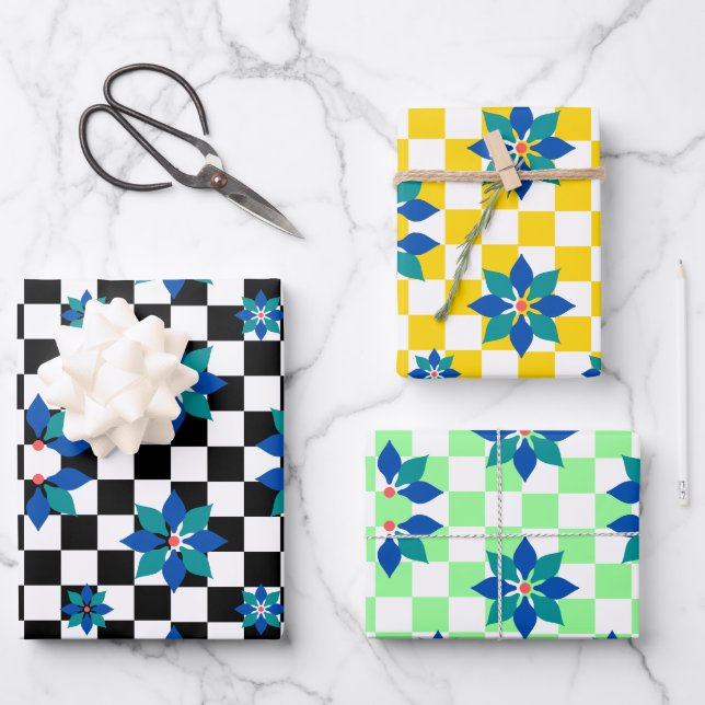 Retro Schach Schachbrett Pattern blaue Blumen Geschenkpapier Set (Vorderseite)