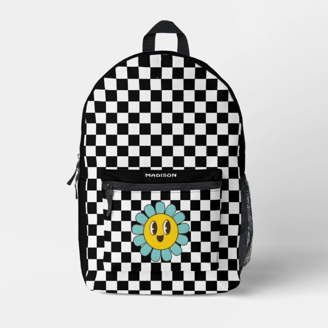 Retro-Schachbrett-Daisy Bedruckter Rucksack (Vorderseite)