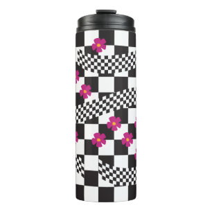 Retro-Schachbrett-Design mit Blumen Thermosbecher