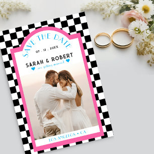 Retro-Schachbrett-Foto Rosa & Blau Hochzeit Save The Date