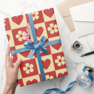 Retro-Schachbrett-Herzen-und-Blumen-Muster Geschenkpapier
