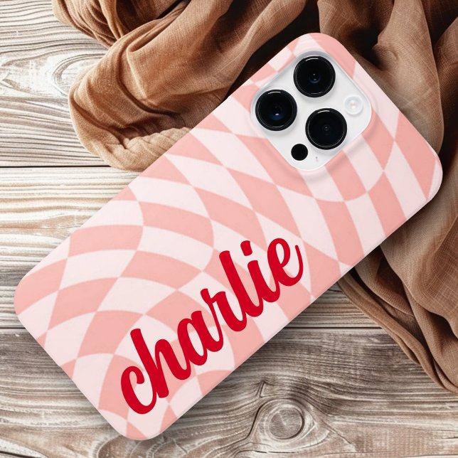 Retro-Schachbrett mit wirbelfarbenem Wellenlicht r Case-Mate iPhone Hülle (Retro checkerboard swirl wave light blush pink Case-Mate iPhone case)