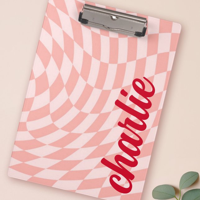 Retro-Schachbrett mit wirbelfarbenem Wellenlicht r Klemmbrett (Retro checkerboard swirl wave light blush pink clipboard)