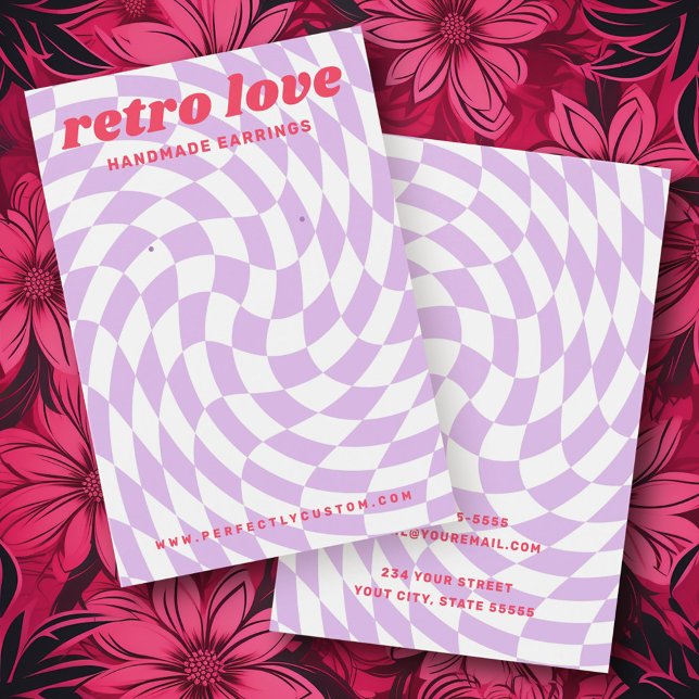 Retro-Schachbrett mit Wirbelwelle lila Ohrring-Kar (Retro checkerboard swirl wave purple earring card)