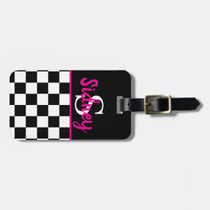 Retro-Schachbrett Neon-Pink Name Monogramm Gepäckanhänger