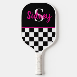 Retro-Schachbrett Neonrosa Name Monogramm Pickleball Schläger