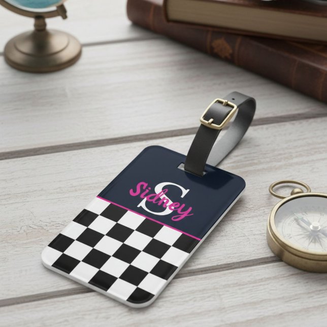 Retro-Schachbrett Neonrosa Namensmonogramm Gepäckanhänger (Von Creator hochgeladen)
