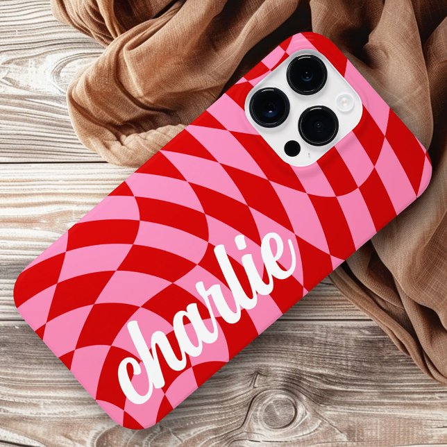 Retro-Schachbrett wirbelrot Case-Mate iPhone Hülle (Retro checkerboard swirl wave pink red Case-Mate iPhone case)