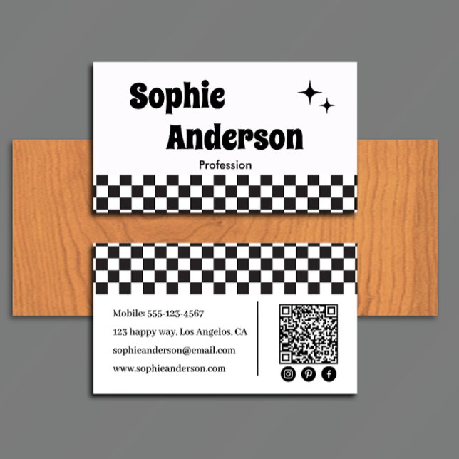 Retro-Schachbrettmuster in Schwarzweiß mit QR-Code Visitenkarte (Von Creator hochgeladen)