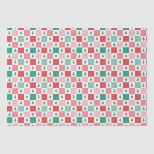 Retro Schachbretts Weihnachtsmuster - Rosa Grün Seidenpapier (Vorderseite)