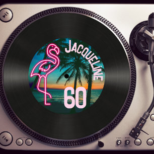 Retro-Schallplatte Tropical Neon Flamingo 60. Gebu Einladung