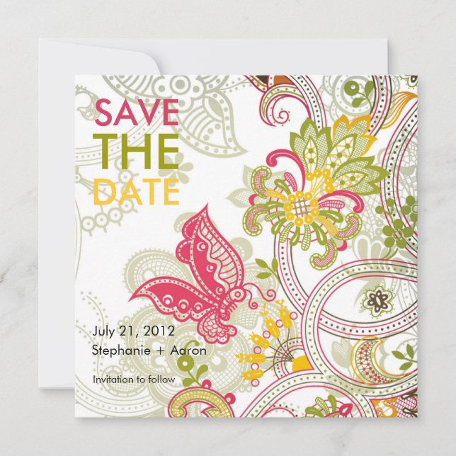 Retro-Schmetterling Blumen Save The Date (Vorderseite)