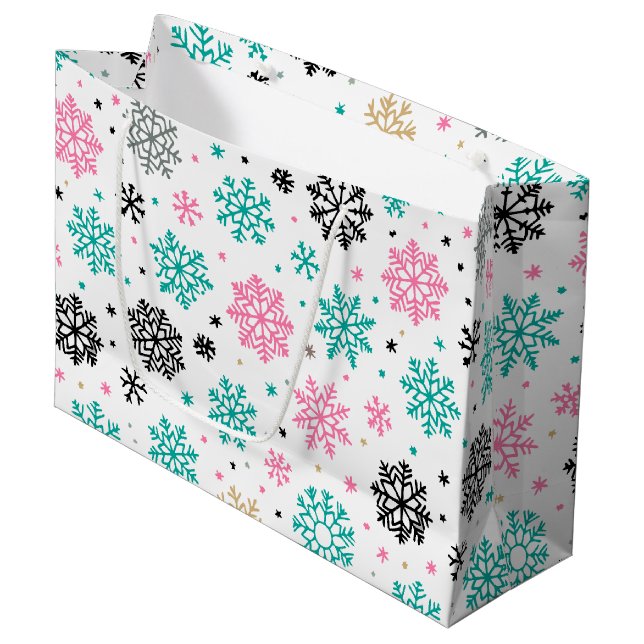 Retro-Schneeflocken Große Geschenktüte (Vorderseite Schrägansicht)