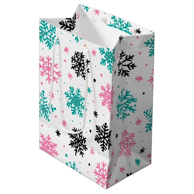 Retro-Schneeflocken Mittlere Geschenktüte (Vorderseite Schrägansicht)
