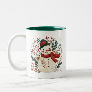 Retro-Schneemann mit grüner Mütze und rotem Schal Zweifarbige Tasse