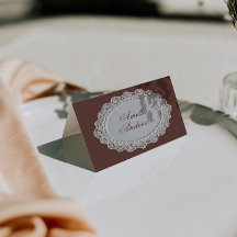 Retro-Schokoladenbraune-Spitze-Hochzeitsplatzkarte