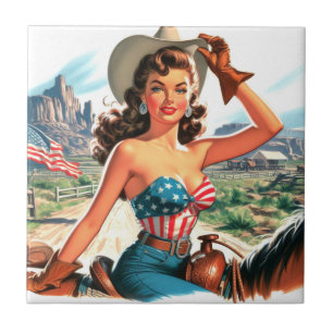 Retro schöne Cowgirl-Pin-Up Fliese