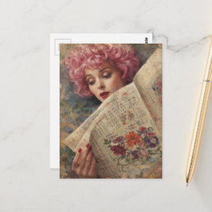 Retro schöne Dame mit rosa Haaren liest Zeitung Postkarte