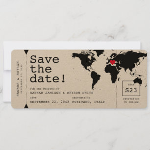 Retro-Schreibmaschinen-Weltkarten-Boardingpass-Tic Save The Date