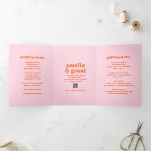 Retro-Schrift Orange und Pink QR-Code Foto-Hochzei Dreifach Gefaltete Einladung