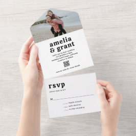 Retro Schriftart Black and White QR Code Foto Hoch All In One Einladung