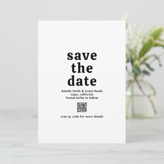 Retro Schriftart Black and White QR Code Moderne H Save The Date (Stehend Vorderseite)