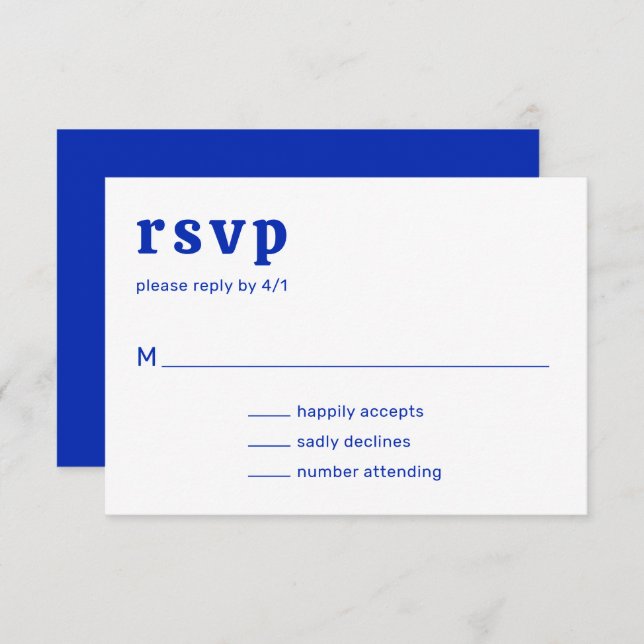 Retro Schriftart Royal Blue Modern Wedding RSVP Karte (Vorne/Hinten)