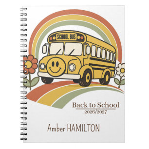 Retro-Schulbus-Regenbogen-Rückkehr-zur-Schule-Name Notizblock