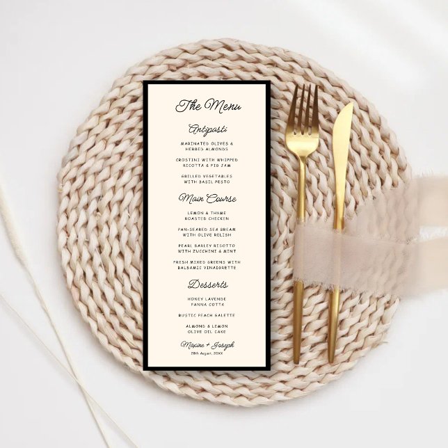 Retro Schwarz & Elfenbein Hochzeit Menükarte (Retro black and ivory wedding menu brings timeless elegance to your reception tables.)