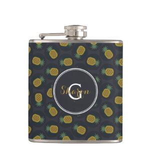 Retro Schwarz Gold Ananasmuster Monogramm Flachmann