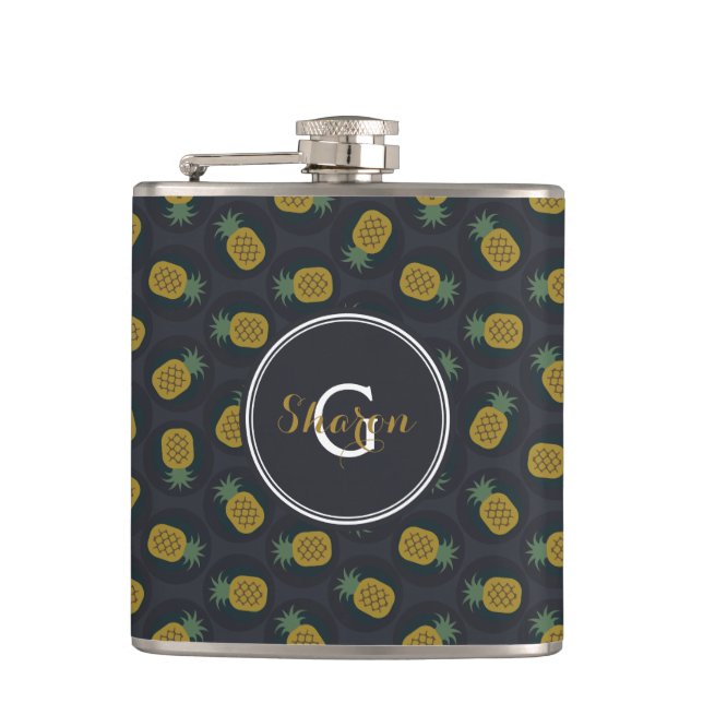 Retro Schwarz Gold Ananasmuster Monogramm Flachmann (Vorderseite)