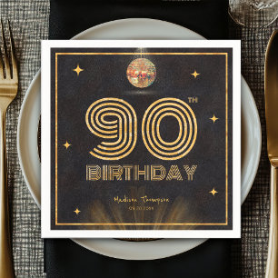 Retro Schwarz Gold Disco-Kugel-Party 90. Geburtsta Serviette
