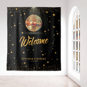 Retro Schwarz Gold Glitter Disco Hochzeit Willkomm Wandteppich