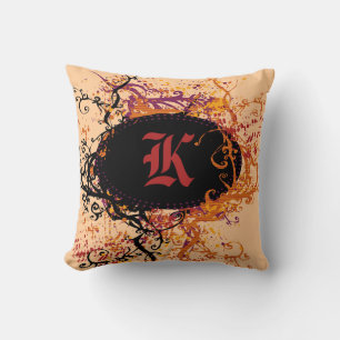 Retro Schwarz-Orange-Muster Monogramm K Kissen