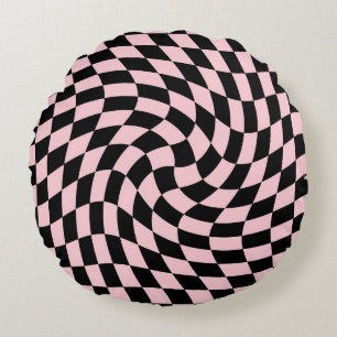 Retro Schwarz-Rosa Karo Warped Checkered Dorm Rundes Kissen