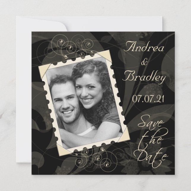 Retro Schwarz und Elfenbein Foto Hochzeit speicher Save The Date (Vorderseite)